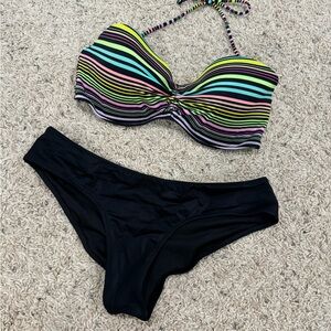 Victoria's Secret Colorful Striped Bikini with Black Bottoms